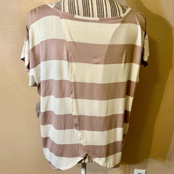 NWT a.n.a. Top Large White Khaki Stripes Ruched Shoulders Open Peekaboo Back New - Picture 5 of 13